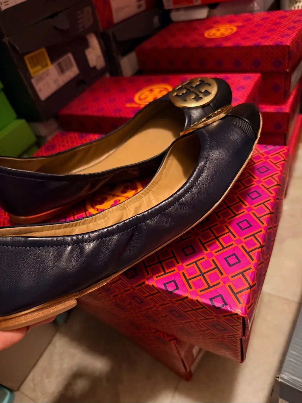 Tory Burch Navy/Black Leather Ballet Flats - Classic Logo Medallion